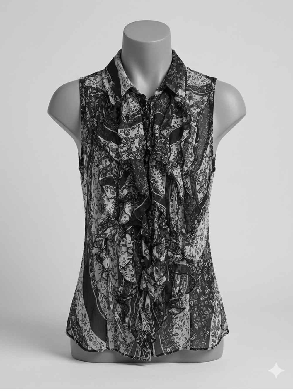 Anne Fontaine Black and White Printed Chiffon Ruffle Corset Tie Top Sz 40